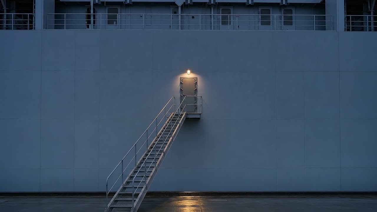 日出前的碼頭：貨櫃船的鋼製舷側，一道舷梯通向上方一道關著的水密門，門上一盞燈是全船唯一亮著的東西。